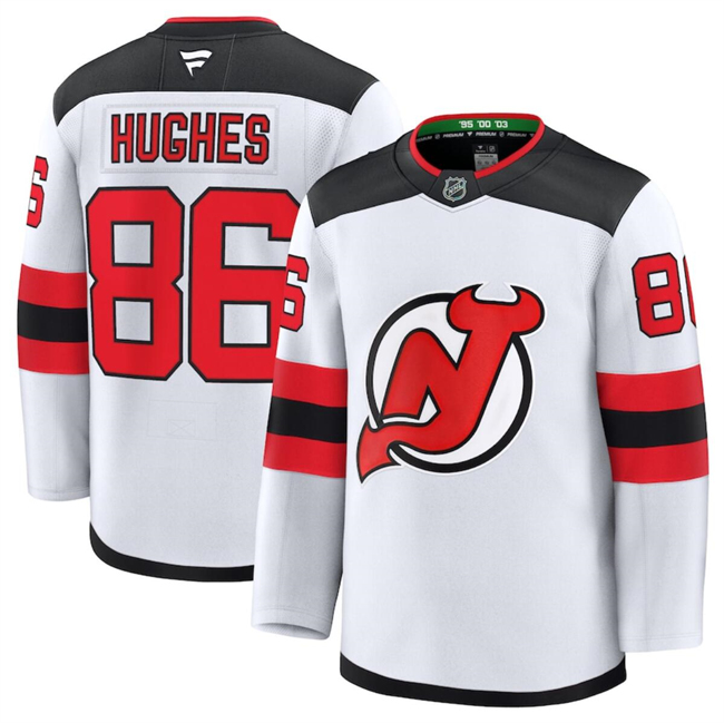 Men's New Jersey Devils #86 Jack Hughes White 2024-25 Away Stitched Hockey Jersey